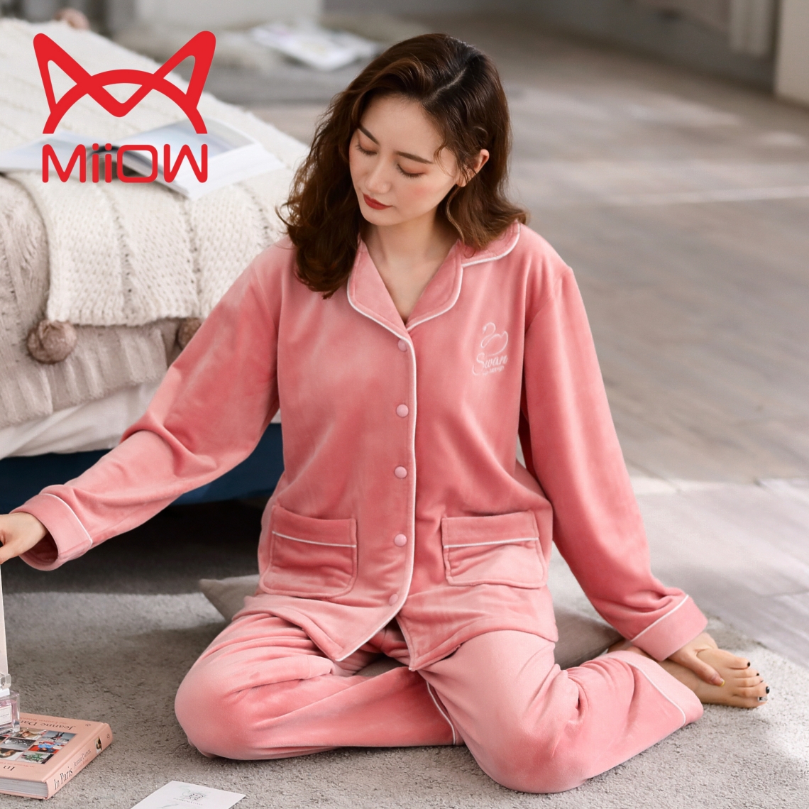 猫人女士海岛绒法兰绒家居服套装