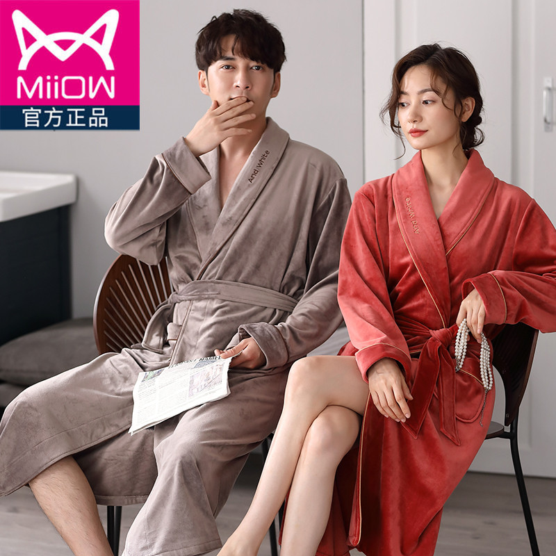 CAT MAN COUPLE NIGHTGOWN ISLAND VELVET THICKENED MENS BATHROBE FEMALE FLANNEL AUTUMN WINTER CORAL FLEECE LOUNGEWEAR PAJAMAS