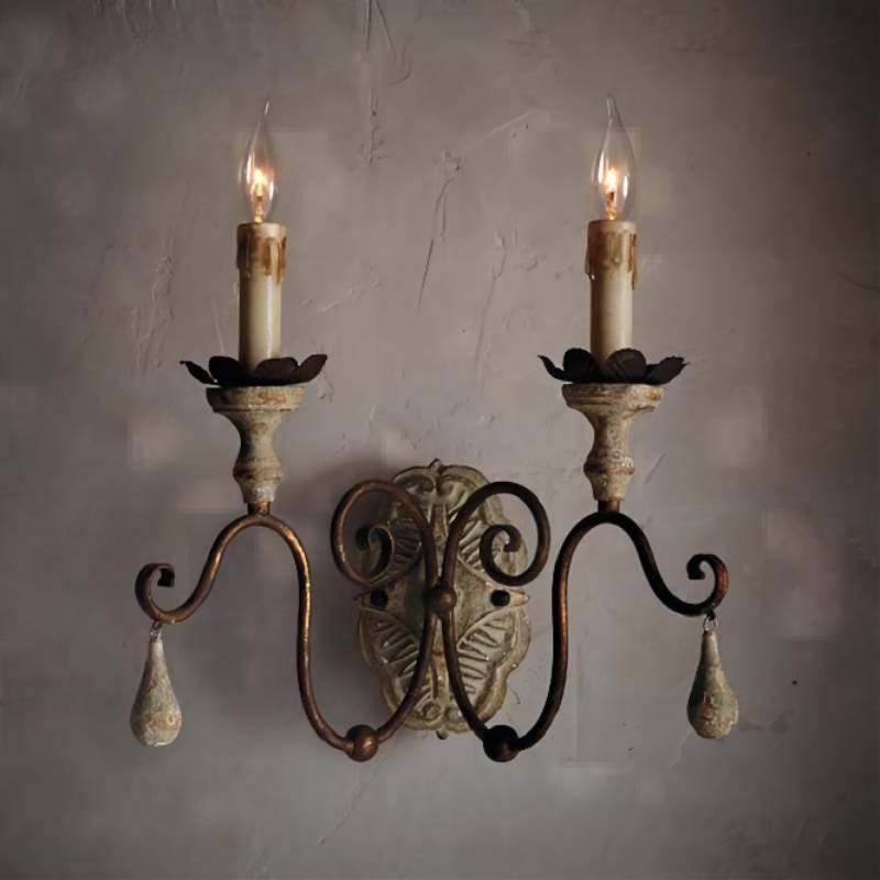 法式田园木艺壁灯法式复古客厅餐厅卧室书房设计铁艺双头蜡烛壁灯