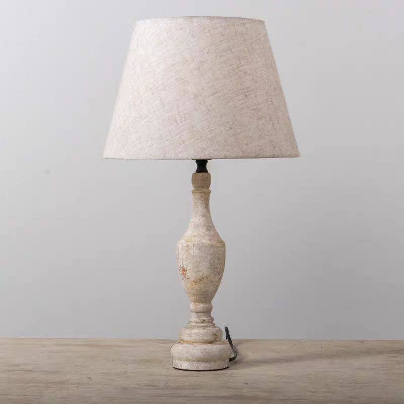 美式复古木头台灯仿古做旧实木浅灰卧室床头灯客厅装饰台灯书房