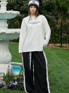 俏安朵2025秋冬新款女士优热美宽松休闲字母印花圆领T恤卫衣5881