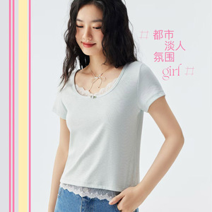 芊织艺2026春夏蕾丝花边女V领短袖T恤休闲甜美打底百搭上衣2161
