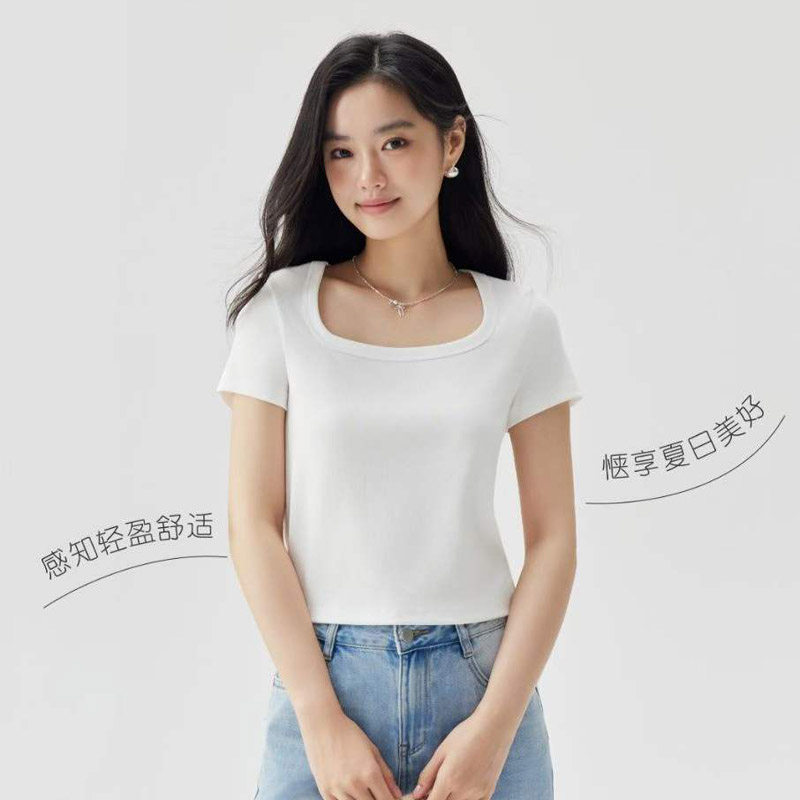 芊织艺2026海盐织夏女士美澳棉弹性方领短款百搭短袖T恤全棉2181