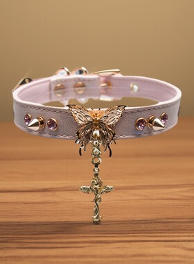 Aura Collar手作蝴蝶铆钉十字架挂坠女颈带真皮choker项圈牵引绳