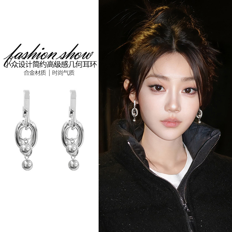 银色几何软垫耳夹女耳环