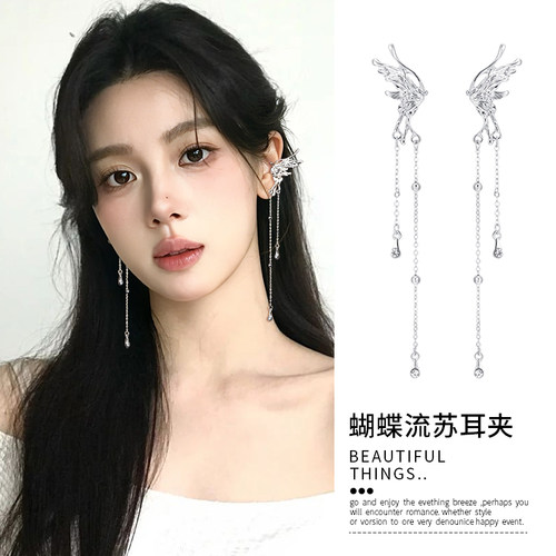 银色蝴蝶流苏耳环女百搭耳饰