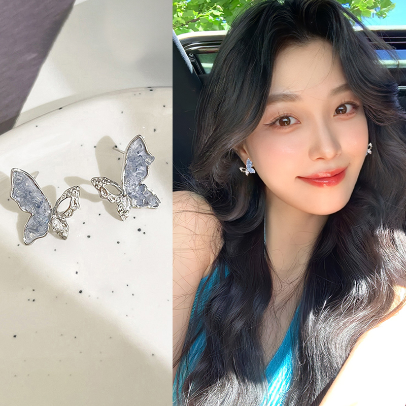 蓝色蝴蝶螺旋耳夹灵动精致小巧无耳洞耳钉2025年新款清新甜美耳饰