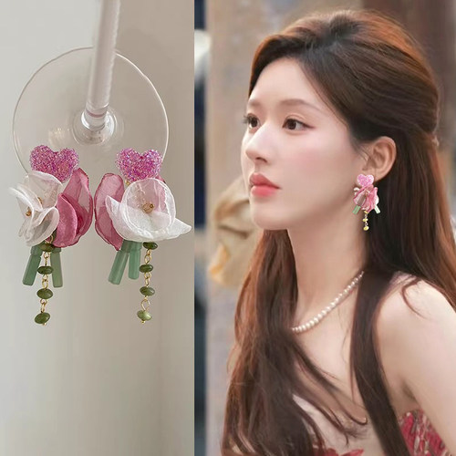 粉色花朵耳环女2026新款小众设计