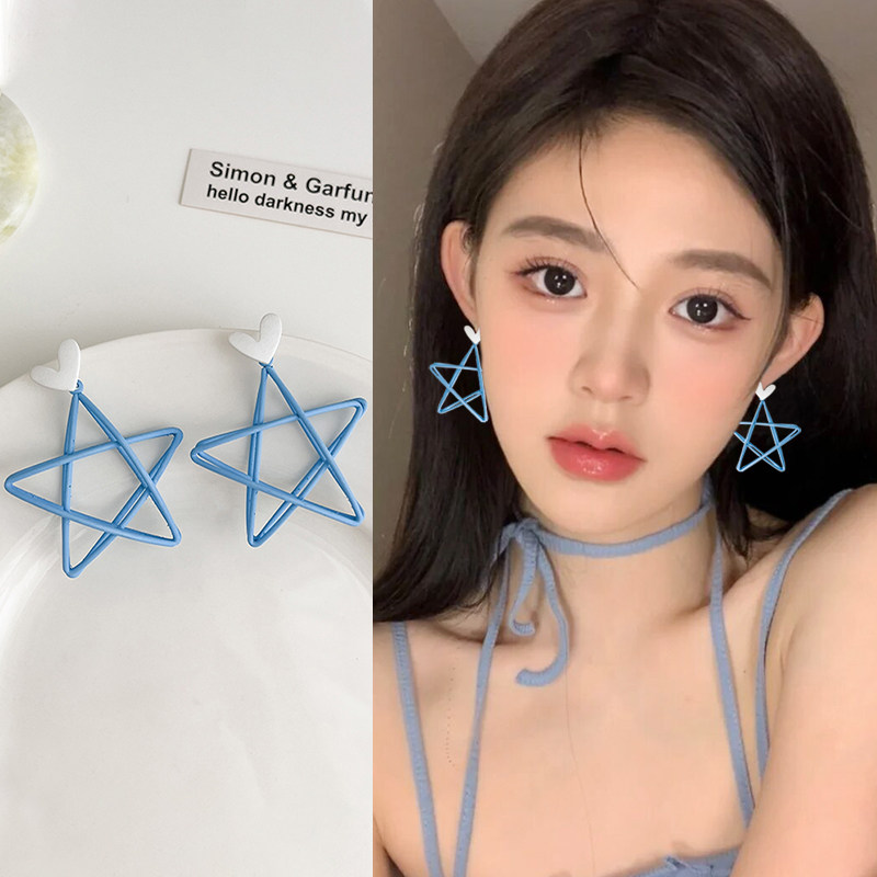 时尚蓝色几何五角星螺旋耳夹无耳洞女生小众设计感不规则耳饰纯银