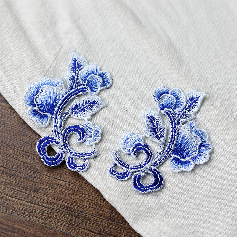 对称小花朵植物刺绣贴 袖口衣领装饰补丁贴 衣服瑕疵破洞遮挡绣片