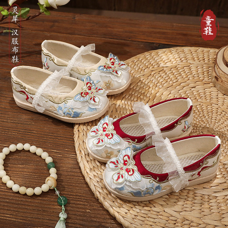 汉服绣花鞋女童鞋民族风古装刺绣鞋儿童汉服皮鞋牛筋底中国风