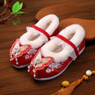 民族风儿童绣花鞋女童公主鞋古装演出汉服鞋红色唐装旗袍鞋子冬季
