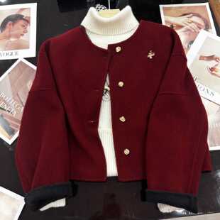 羊驼小个子短款圆领宽松休闲双面羊毛毛呢外套女百搭2025秋冬新款