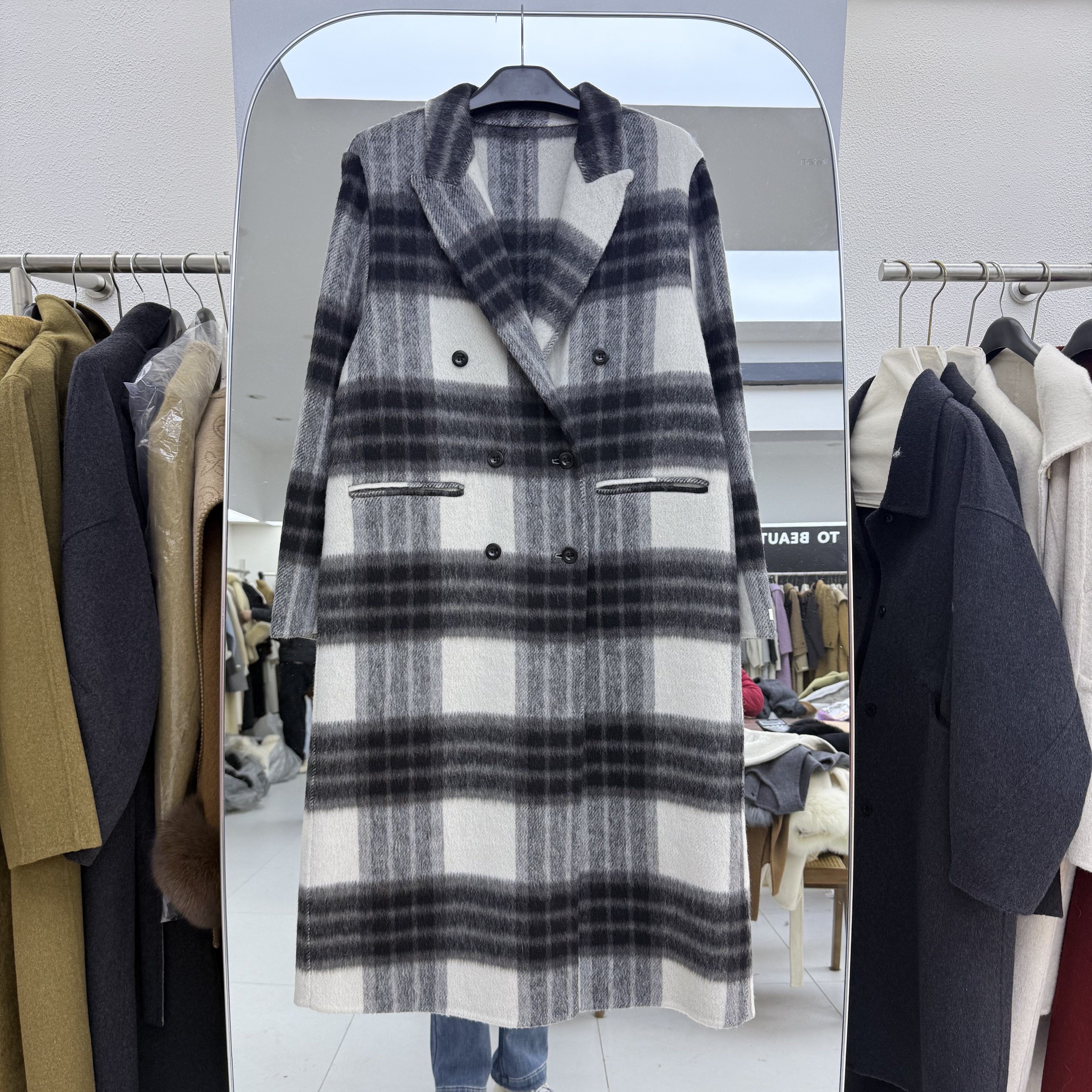 韩国东大门2025年冬宽松双面羊毛呢子格子格纹中长款大衣外套女,女装/女士精品,毛呢外套,淘宝优惠券,粉丝福利购,淘宝优惠卷