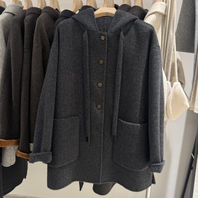 2025冬款连帽韩版毛呢大衣女冬季双面羊毛常规款小个子外套女显瘦