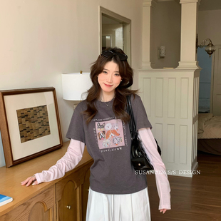 T恤2883s 主推韩系慵懒宽松撞色假两件长袖 SUSAN 夏上新补单款