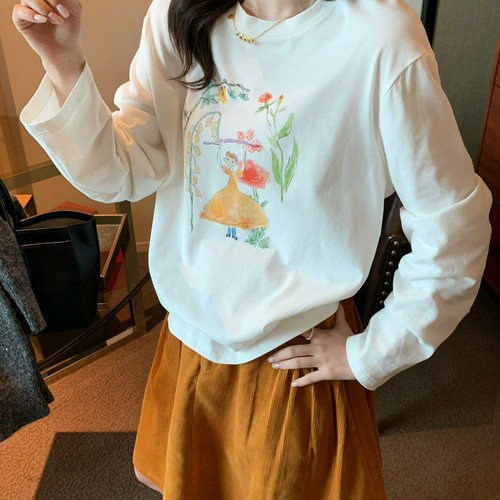 SUSAN-童趣水彩手绘女孩花卉印花减龄百搭长袖T恤(单卖T恤)T139H