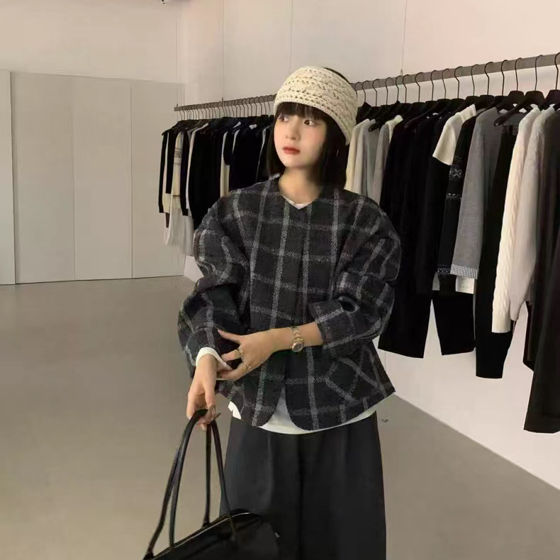 买手严选泡菜馆格纹百搭圆领单排扣羊毛外套（含50羊毛）G9060