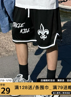MIRACLEKILL2025潮十字架字母印花口袋拉链宽松休闲黑色短裤男女