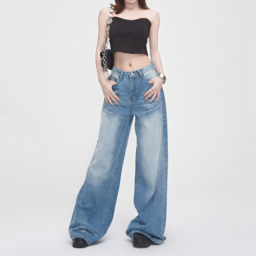 CEEC2025新款设计感猫须显瘦阔腿牛仔裤女美式重工宽松直筒长裤