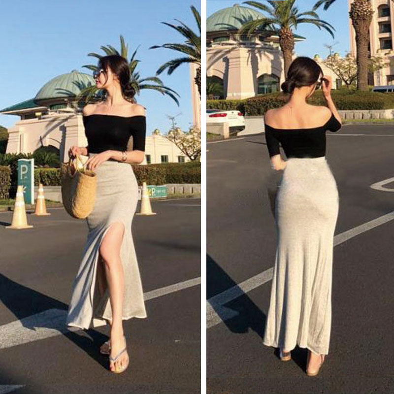 半身拖地及脚踝鱼尾裙前开叉直筒