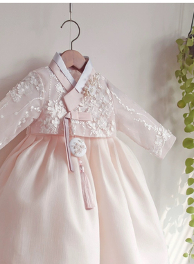 新白色蕾丝上衣韩服春秋女童洋连衣裙女宝宝夏季韩服朝鲜服延吉