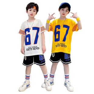 儿童篮球服套装男童夏季短袖运动速干球衣小童幼儿园表演服假两件