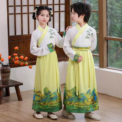 汉服儿童千里江山开笔礼表演服小学生三字经班服幼儿中国风演出服