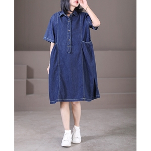 RY1514#韩版宽松大码文艺翻领纽扣褶皱口袋牛仔连衣裙夏