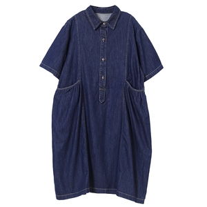 RY1514#韩版宽松大码文艺翻领纽扣褶皱口袋牛仔连衣裙夏