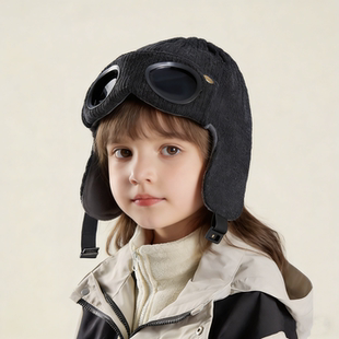秋冬护耳帽子保暖儿童针织毛线护目镜飞行帽耳套头雷锋帽男孩帅气