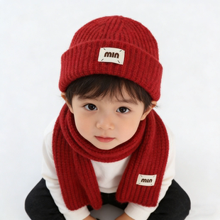 宝宝帽子冬季新年红色男女孩针织帽围巾加厚婴儿童保暖套头毛线帽