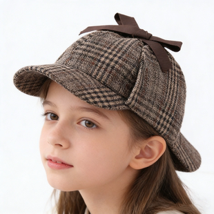 5-18岁儿童鸭舌帽子春秋男女童福尔摩斯帽子侦探帽卷帽双檐帽子