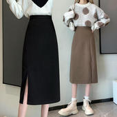 开叉裙子女春夏包臀裙2021新款 a字裙长裙 咖色半身裙一步裙中长款