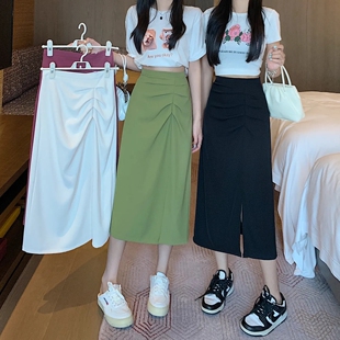 2023夏季大码胖mm中长款半身裙女高腰不规则褶皱开叉A字裙包臀裙