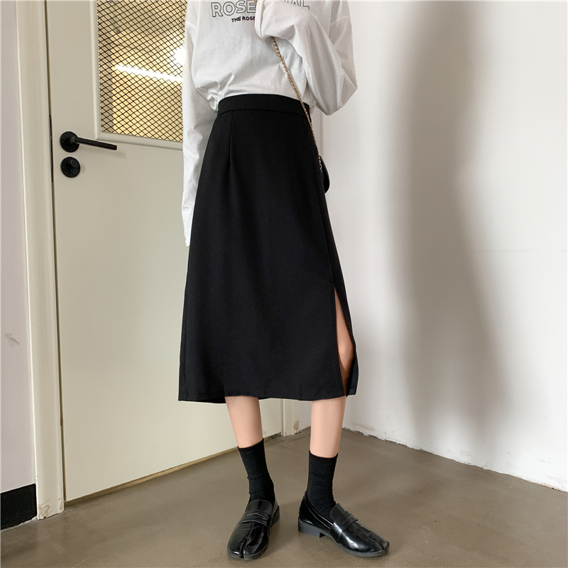 大码胖mm中长款高腰半身裙女2021秋冬新款开叉百搭显瘦a字裙长裙