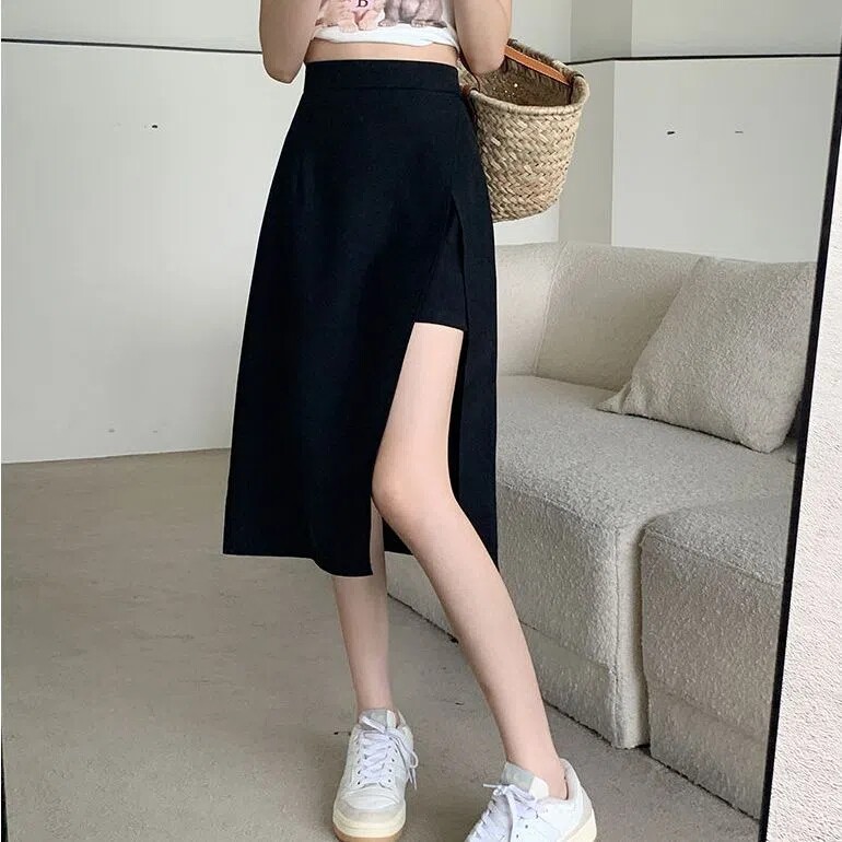 2022秋季大码胖mm中长款半身裙女高腰不规则开叉A字裙黑色包臀裙