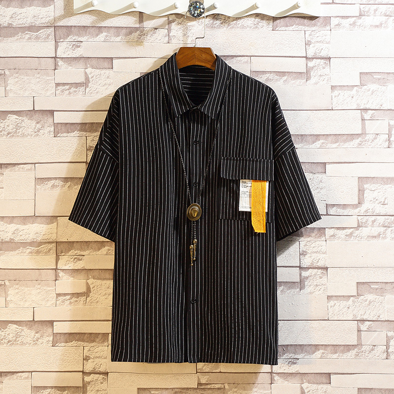 Summer Harbour Wind High Street Retro-striped Loose Shirts Chao Brand Text Short-sleeved Couple Shirts for Men and Women