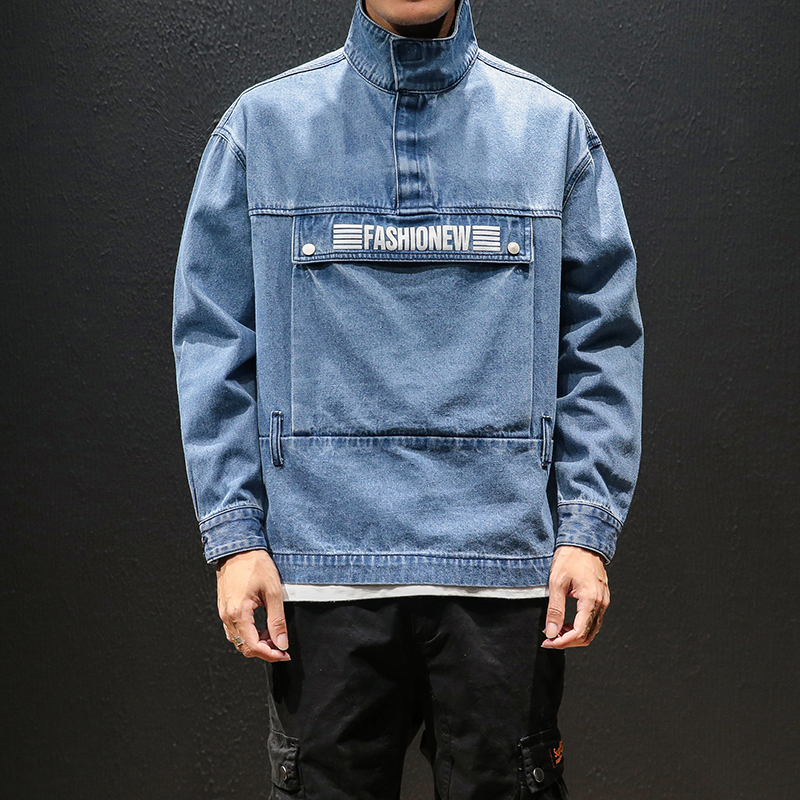 Autumn suit Japanese suit with loose head and large pocket printed jeans guard jacket with trendy men's collar and magic sticker