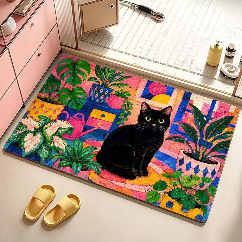 卡通油画风猫咪硅藻泥地垫浴室卫生间吸水速干易打理脚垫批发热销