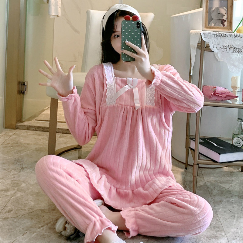月子服秋冬季产后加厚款加绒珊瑚绒哺乳喂奶孕妇睡衣怀孕期法兰绒