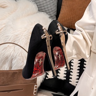 2026新款金色权杖红底印花高跟鞋细跟尖头不累脚性感御姐浅口单鞋