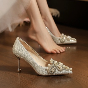 法式亮晶晶珍珠水钻高跟鞋女绝美主婚纱婚鞋高级感气质单鞋配裙子