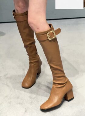 张元英同款金扣粗跟高筒靴女秋冬加绒高跟靴不过膝长靴棕色骑士靴