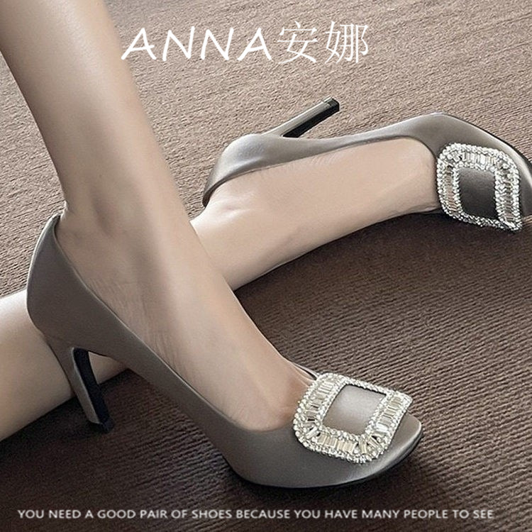 【安娜ANNA】水钻圆头绸缎面婚鞋女方扣细跟单鞋王漫妮同款高跟鞋