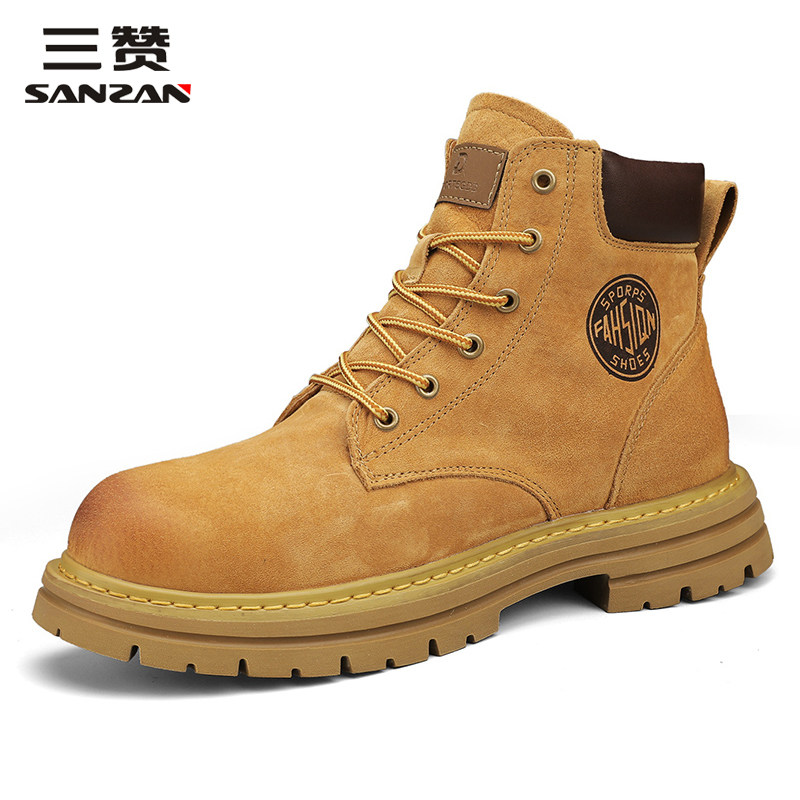 三赞工装靴男真皮英伦风复古中帮马丁靴情侣款厚底耐磨女子大黄靴