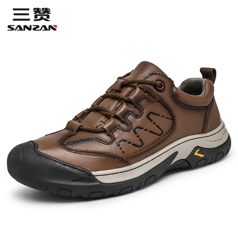 三赞男鞋头层牛皮透气春季户外登山鞋防水防滑运动休闲爸爸皮鞋子