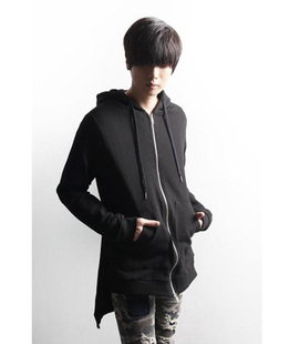 秋冬款加绒加厚前短后长个性长款连帽卫衣男女同款黑色定制外套
