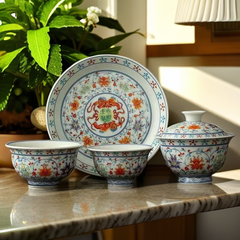 仿古青花斗彩压手杯茶杯