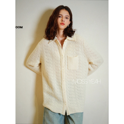 Moss烨 〓绒+〓1OO山羊绒 镂空钩花翻领廓形衬衫羊绒毛衣